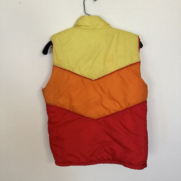 Vtg Chevron Colorblock Puffer Vest Red Orange Yellow Insulated Retro 70s Small - Picture 3 of 11